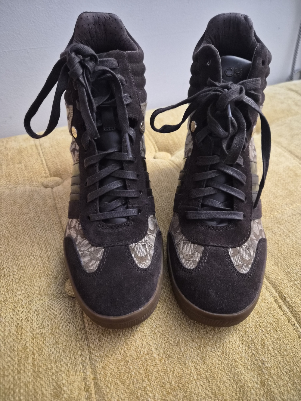 Coach Women's Signature High Wedge Sneakers in Brown
